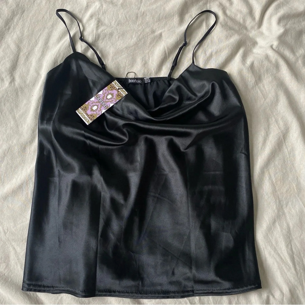 NWT Boohoo Black Satin Cowl Neck Top
